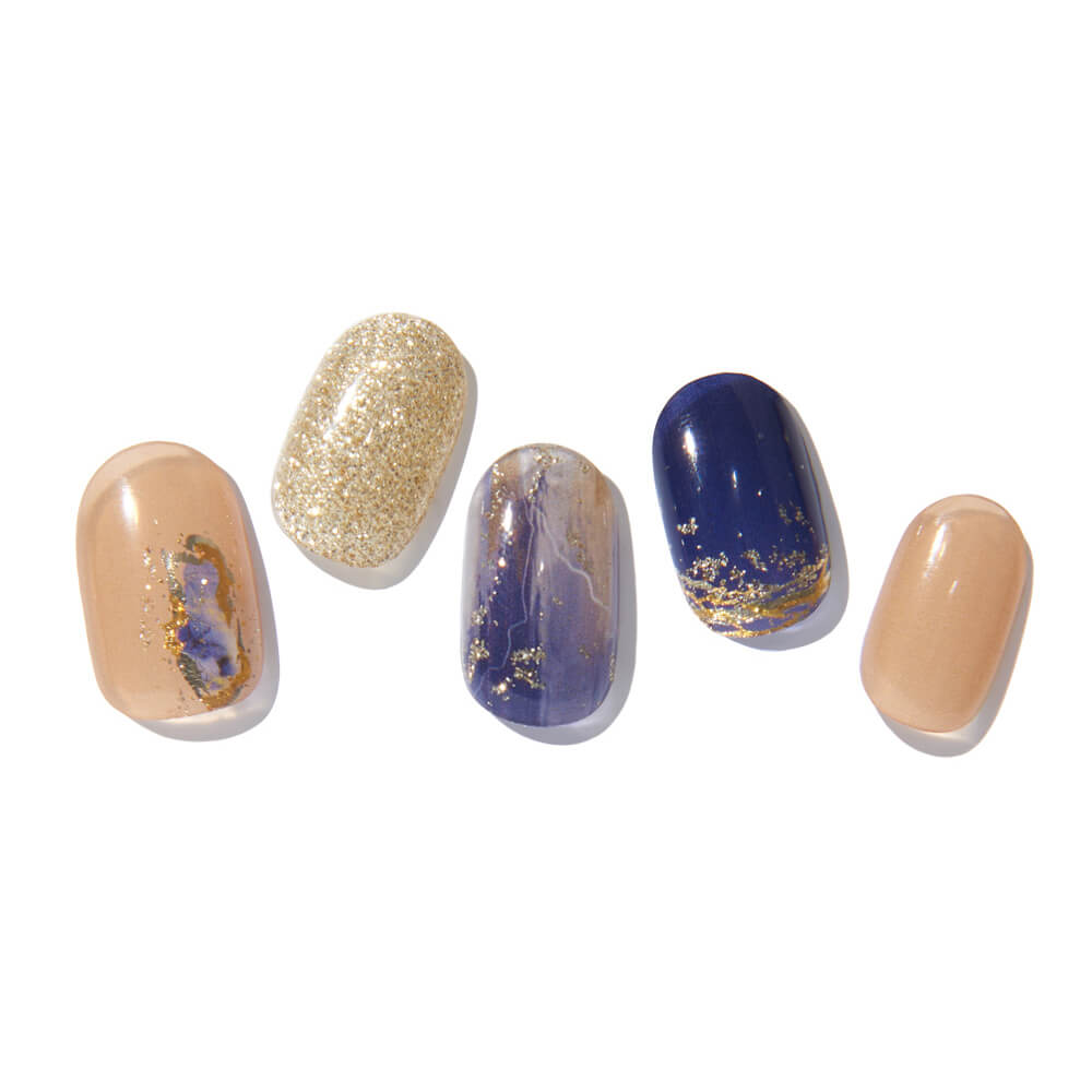 Blue Beige Gold Glitter Semi-cured Gel Nail Strips | Zinipin